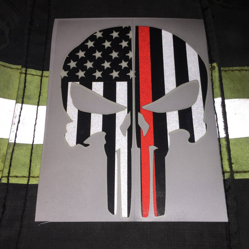 Load image into Gallery viewer, THIN RED LINE FLAG PUNISHER SKULL REAR HELMET REFLECTIVE/GLOW IN THE DARK STARS &amp; STRIPES/OUTLINE  HELMET DECAL
