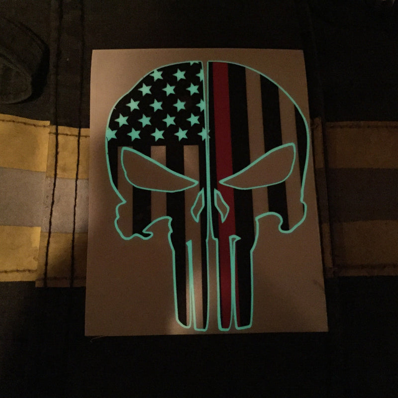 Load image into Gallery viewer, THIN RED LINE FLAG PUNISHER SKULL REAR HELMET REFLECTIVE/GLOW IN THE DARK STARS &amp; STRIPES/OUTLINE  HELMET DECAL
